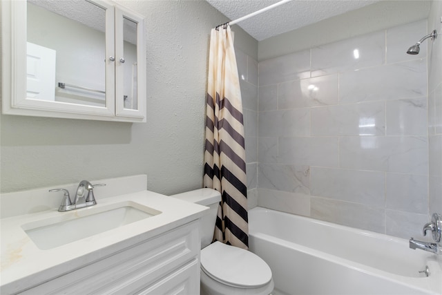 full bathroom featuring vanity, toilet, a textured ceiling, and shower / bath combo