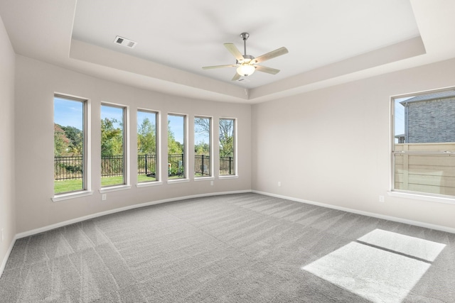 unfurnished room featuring carpet floors, a raised ceiling, and ceiling fan