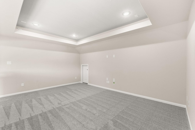 carpeted empty room featuring a raised ceiling