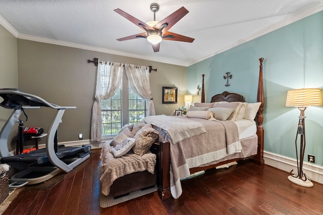 bedroom with crown molding, a ceiling fan, and dark wood-type flooring