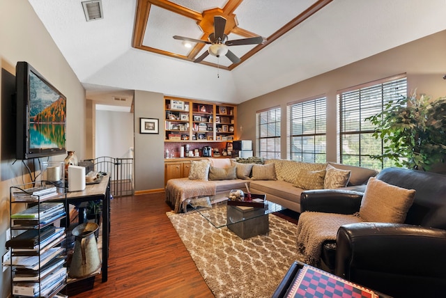 living area with lofted ceiling, visible vents, dark wood-type flooring, a ceiling fan, and baseboards