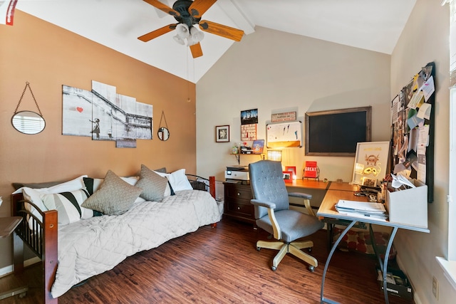 office space with dark wood-style floors, beam ceiling, high vaulted ceiling, and a ceiling fan