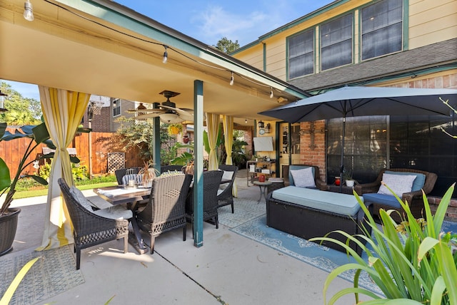 view of patio with outdoor lounge area, ceiling fan, fence, and outdoor dining area