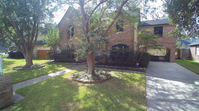 view of front of home with concrete driveway, brick siding, a front lawn, and a gate