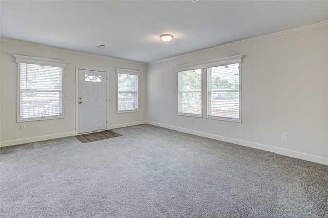 carpeted entryway with plenty of natural light and ornamental molding