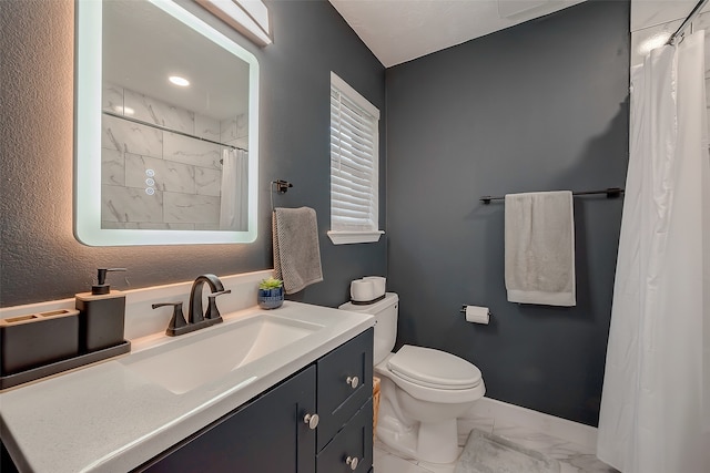 bathroom with walk in shower, vanity, and toilet