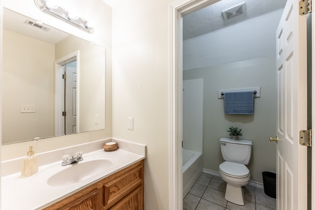 full bathroom with plus walk in shower, tile patterned flooring, a textured ceiling, vanity, and toilet