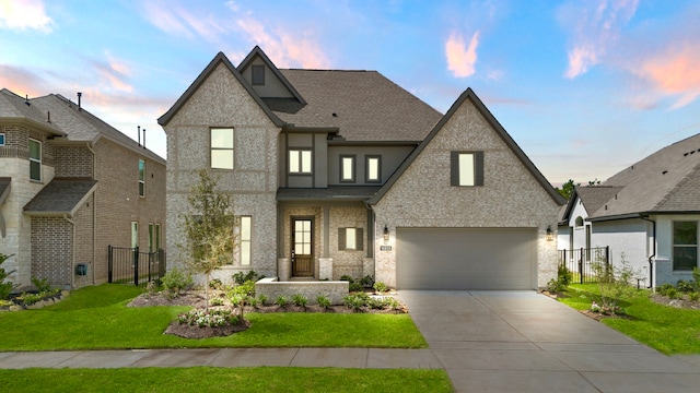 view of front facade with a garage and a yard