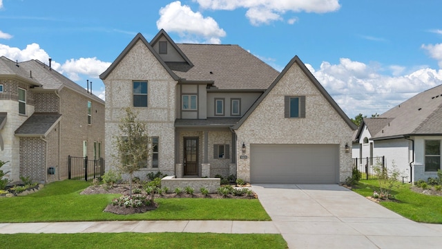 view of front of property with a front yard and a garage