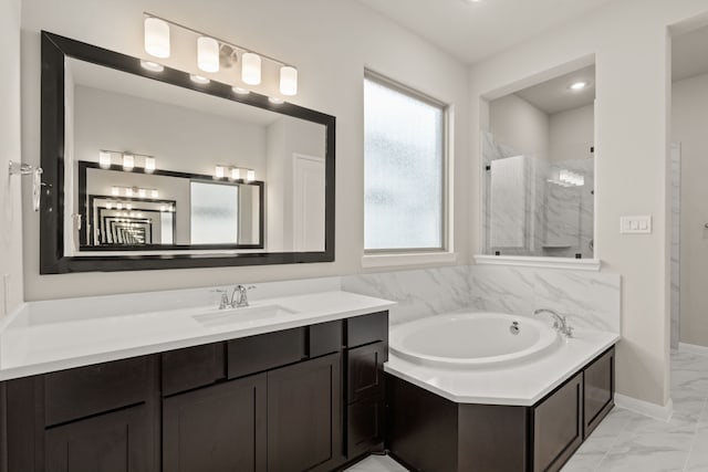 bathroom featuring vanity and independent shower and bath