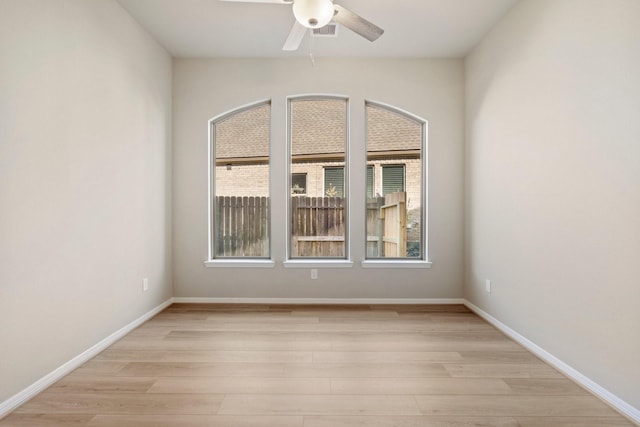 empty room featuring light wood-style flooring, visible vents, and baseboards