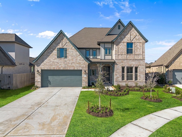 view of front of home featuring a garage, driveway, fence, a front yard, and brick siding