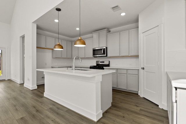 kitchen featuring stainless steel appliances, gray cabinets, and sink