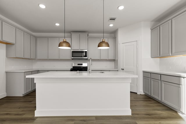 kitchen featuring appliances with stainless steel finishes, a center island with sink, and gray cabinets