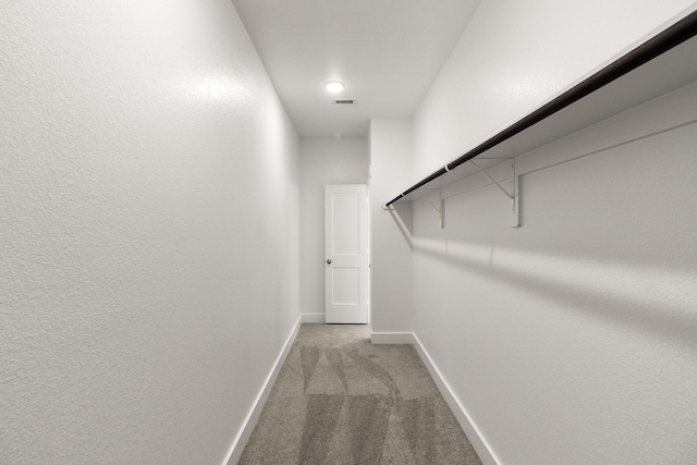 spacious closet featuring light colored carpet