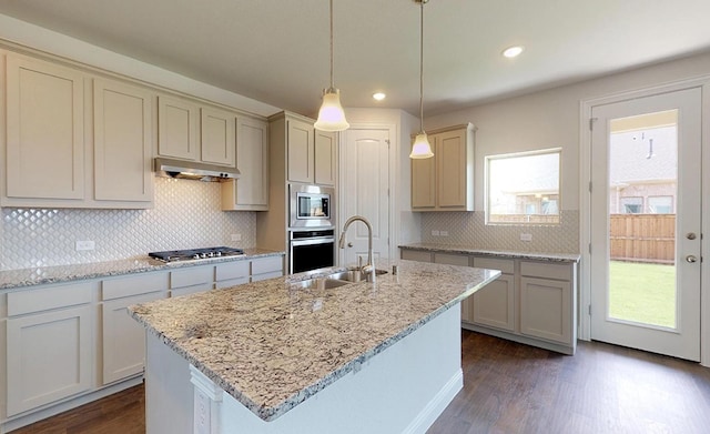 kitchen featuring pendant lighting, dark hardwood / wood-style floors, a kitchen island with sink, and appliances with stainless steel finishes