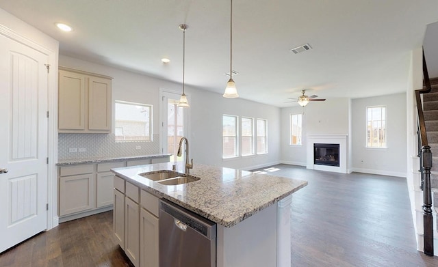 kitchen with stainless steel dishwasher, a healthy amount of sunlight, a center island with sink, and sink