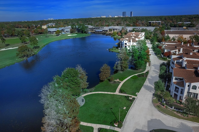 drone / aerial view with a water view