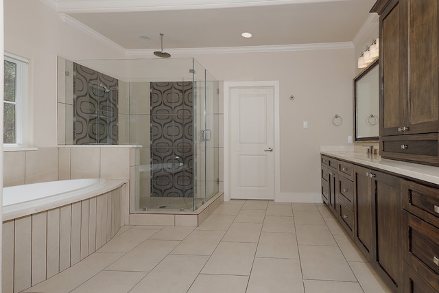 bathroom featuring vanity, plus walk in shower, crown molding, and tile patterned flooring