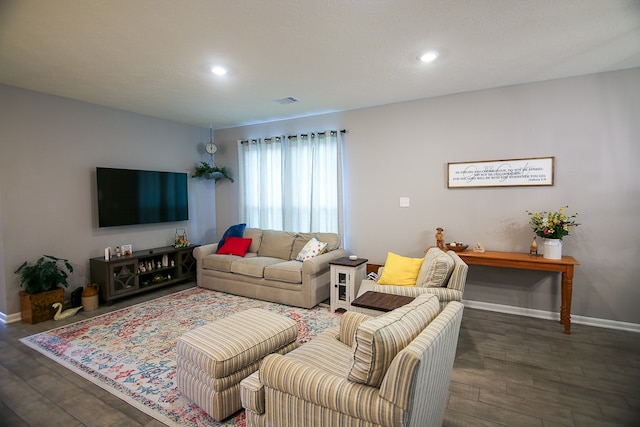 living room with dark hardwood / wood-style flooring