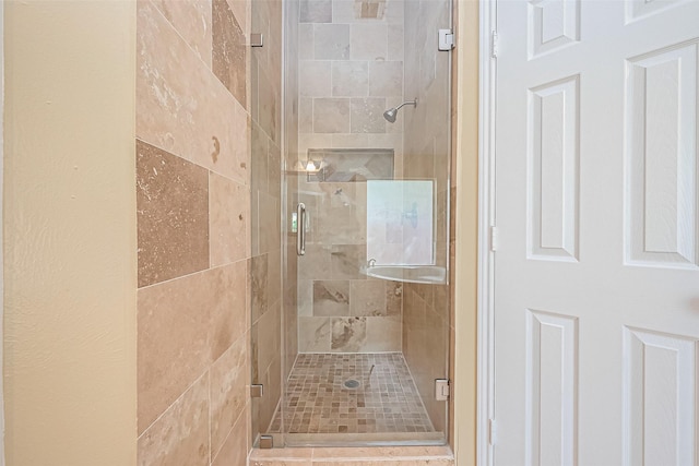 bathroom featuring a shower with shower door