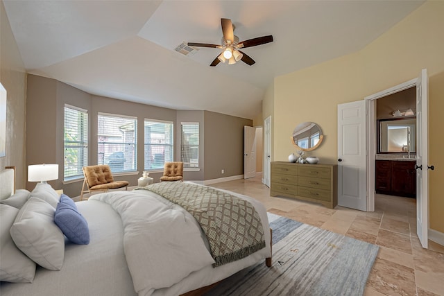 bedroom featuring ceiling fan and lofted ceiling