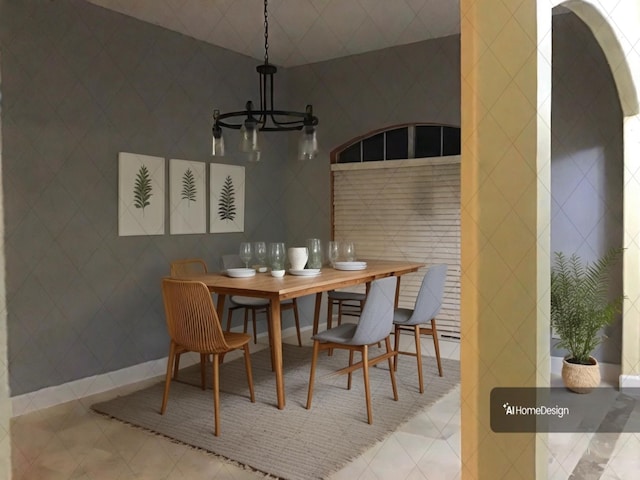 dining area with tile walls, light tile patterned floors, and a notable chandelier