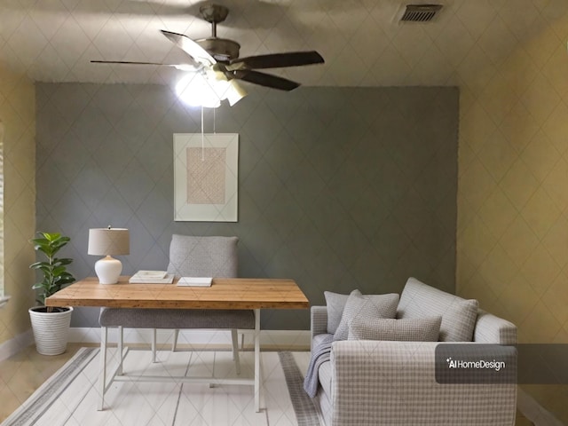 office area with ceiling fan