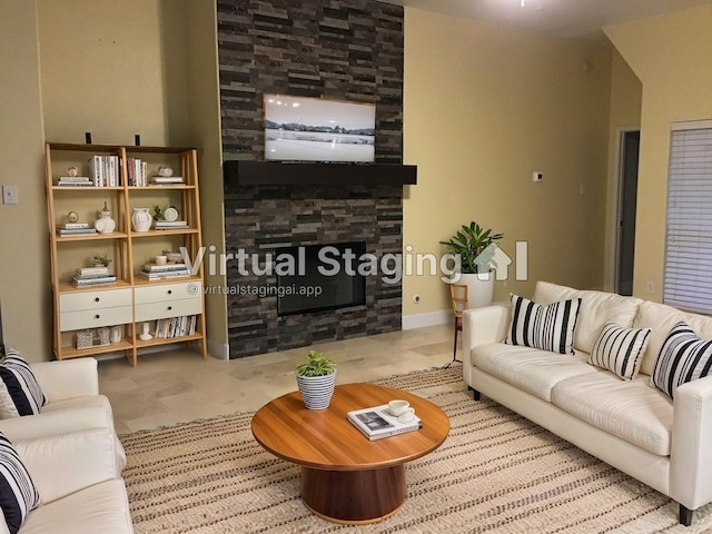 living room featuring a fireplace