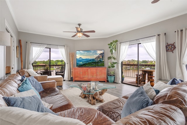 living room with light wood-type flooring, ceiling fan, and crown molding