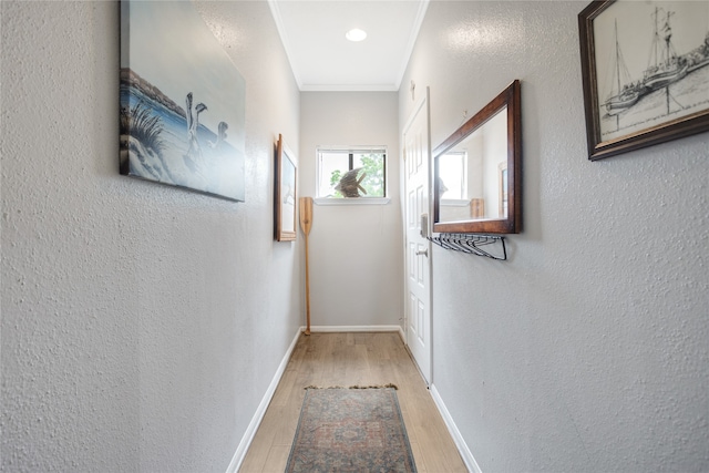 hall featuring ornamental molding and light hardwood / wood-style floors