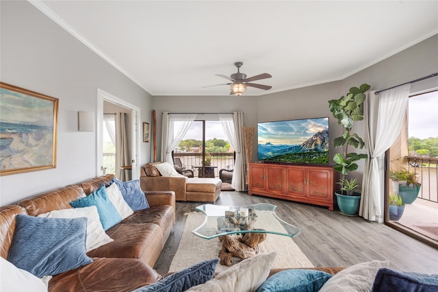 living room with ceiling fan, light wood-type flooring, and crown molding