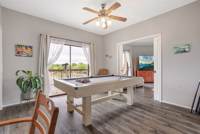 game room with pool table, ceiling fan, and dark hardwood / wood-style flooring