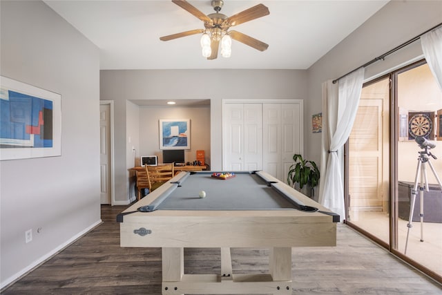 recreation room featuring pool table, ceiling fan, and hardwood / wood-style flooring