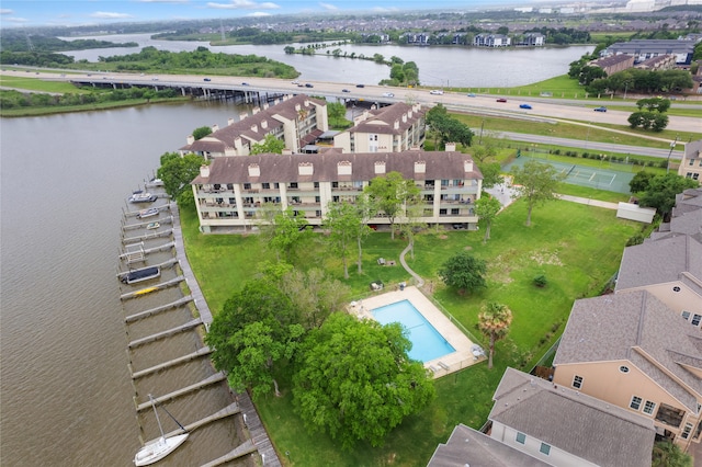 aerial view featuring a water view