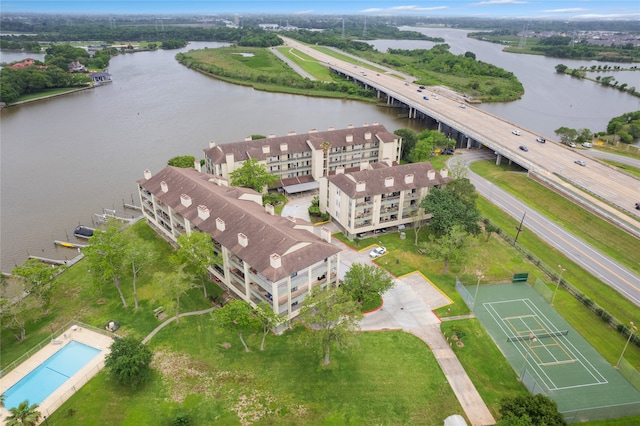 aerial view featuring a water view