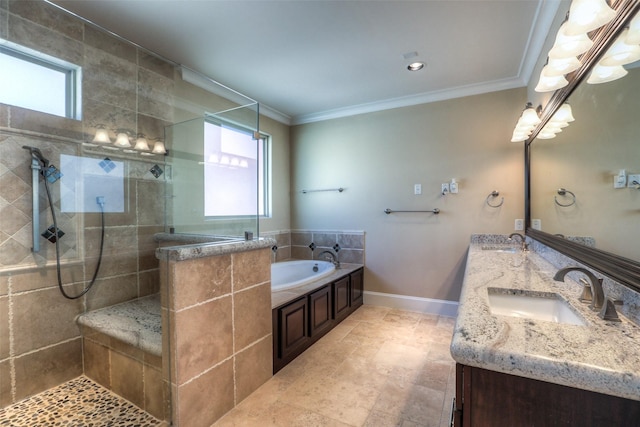 bathroom featuring plus walk in shower, vanity, and ornamental molding