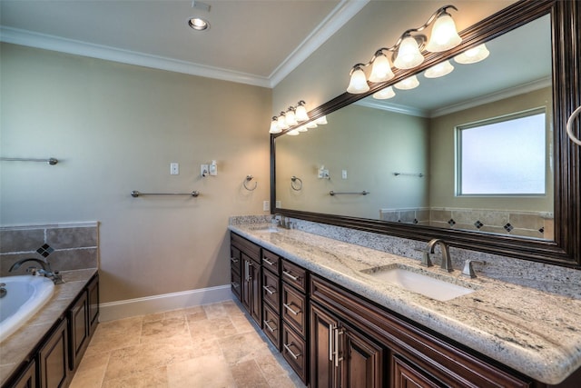 bathroom with a bathing tub, vanity, and crown molding