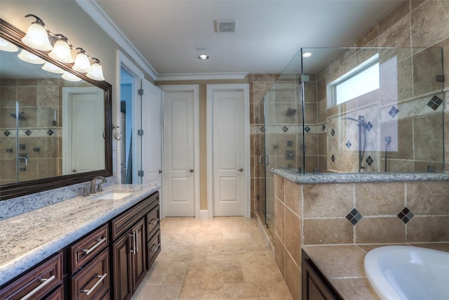 bathroom featuring vanity, separate shower and tub, and ornamental molding