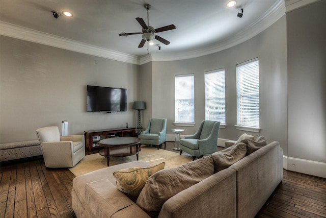 living room featuring ceiling fan, wood-type flooring, and ornamental molding