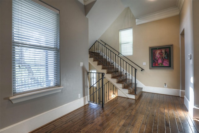 staircase featuring hardwood / wood-style floors, ornamental molding, and a healthy amount of sunlight