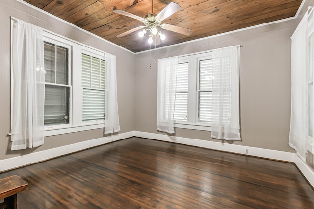 empty room featuring wood ceiling, ceiling fan, dark hardwood / wood-style floors, and crown molding