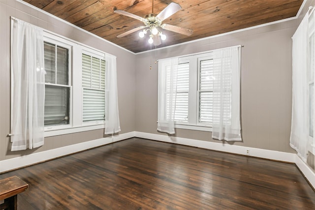 unfurnished room with baseboards, a ceiling fan, wooden ceiling, and dark wood-style flooring