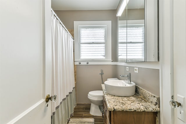 bathroom featuring vanity, toilet, a shower with shower curtain, and hardwood / wood-style flooring