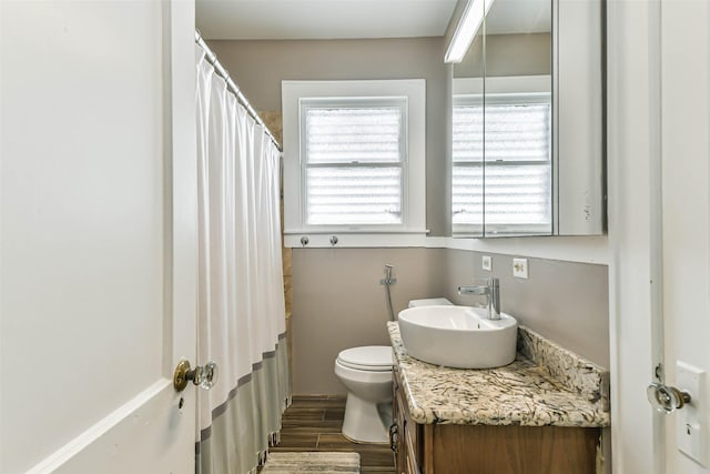 bathroom featuring wood finished floors, toilet, vanity, and a shower with curtain