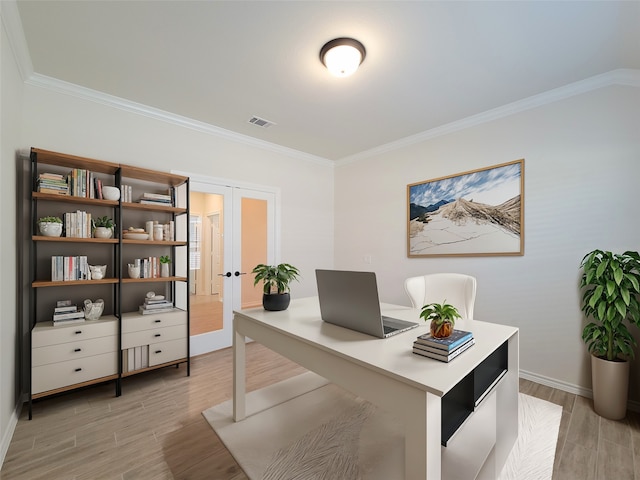 office featuring light wood-type flooring and crown molding