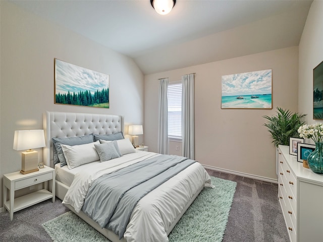 bedroom featuring lofted ceiling and dark carpet