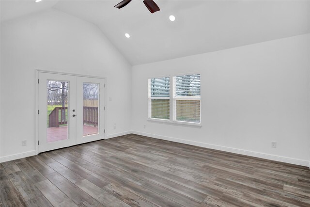 1307 Brooks Ave, Rosenberg, TX 77471 - spare room with french doors, a ceiling fan, high vaulted ceiling, wood finished floors, and recessed lighting