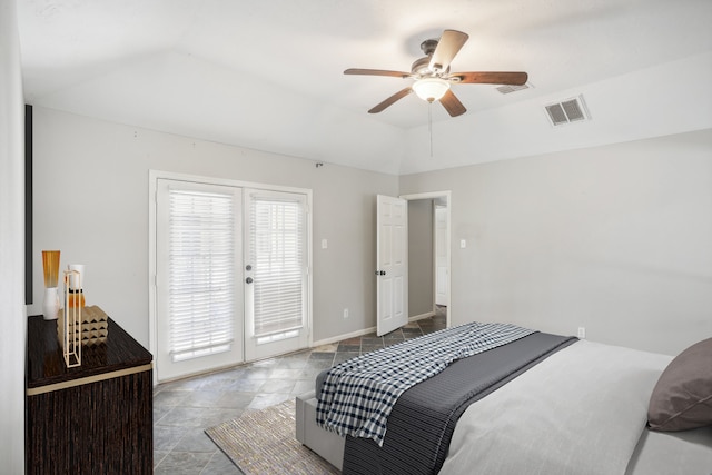 bedroom featuring french doors, access to outside, and ceiling fan