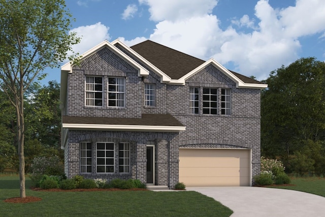 view of front of home featuring a front yard and a garage